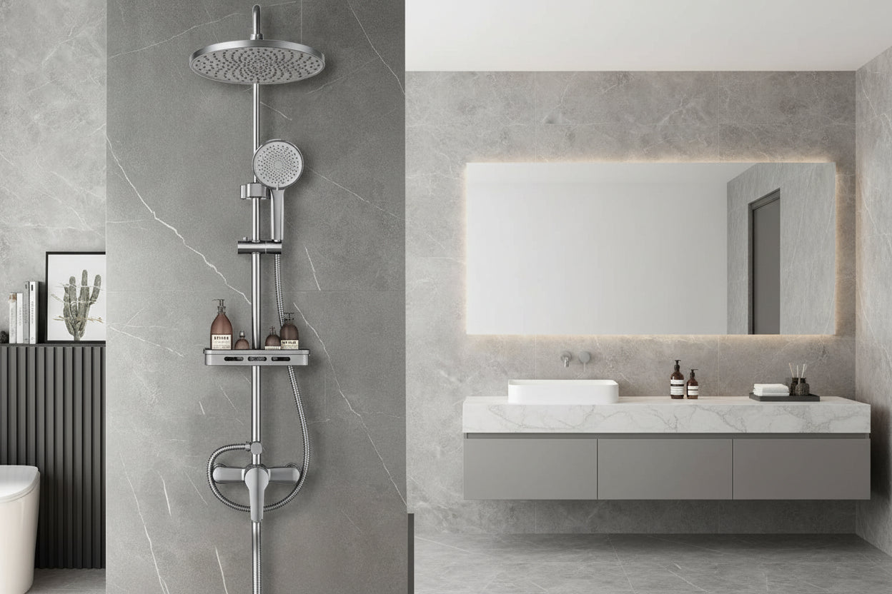 Thermostatic shower system with rainfall shower head and hand shower installed in modern grey bathroom