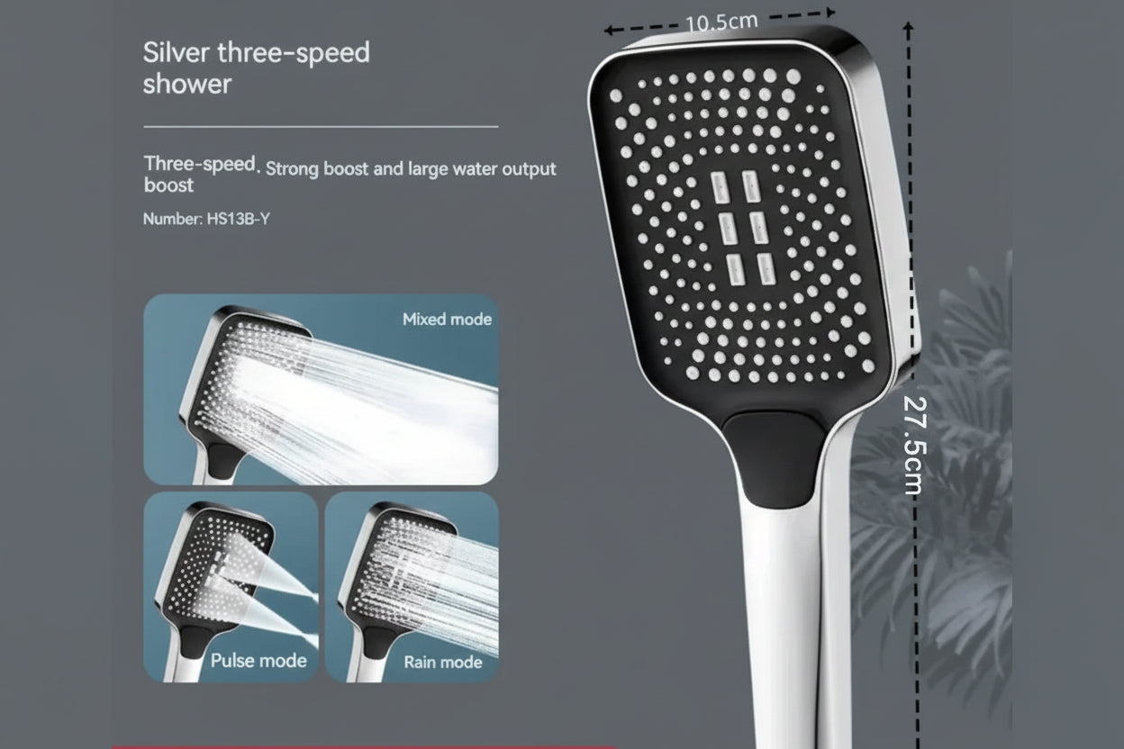 3-mode shower head showing pulse, rain and mixed spray modes with dimensions