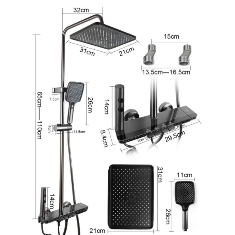 Wall-mounted digital shower system with LED display showing full dimensions and measurements of rainfall head, hand shower and mixer unit