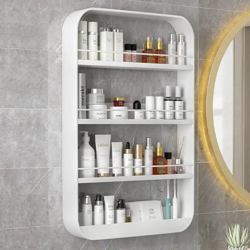 White wall-mounted shelf with various skincare products against a gray tiled wall.