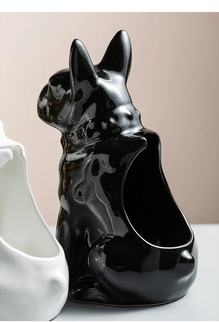 Black ceramic dog-shaped toilet brush holder with glossy finish, shown without brush, modern bathroom accessory