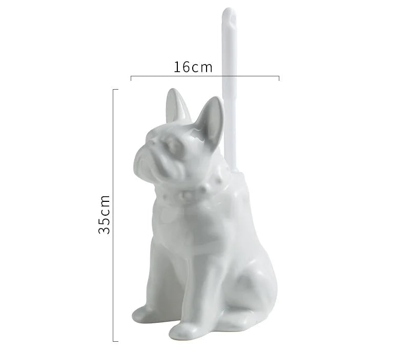 White ceramic bulldog figurine with dimensions on a white background