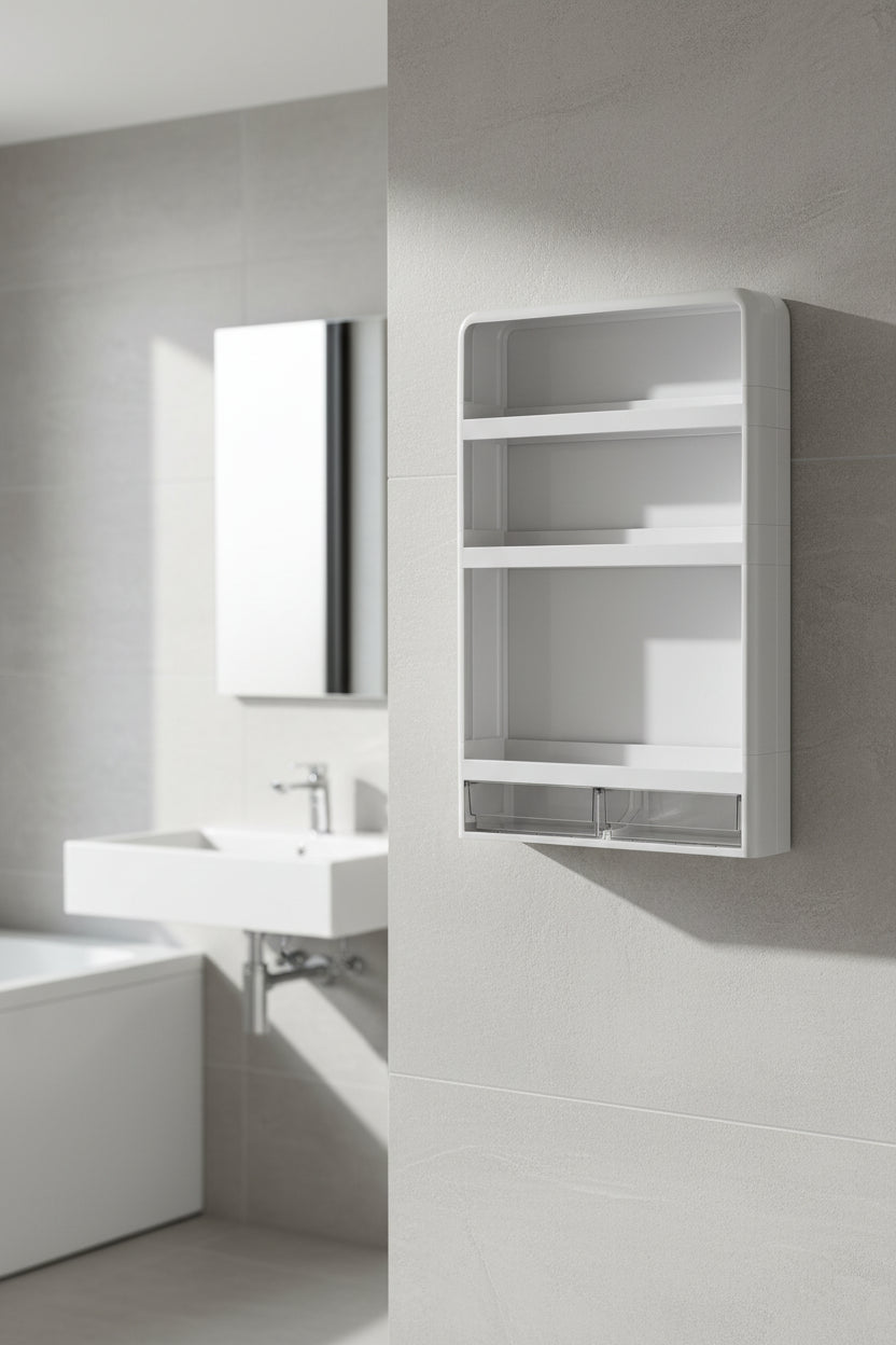 Wall-mounted white bathroom storage cabinet with open shelves for toiletries, modern minimalist design