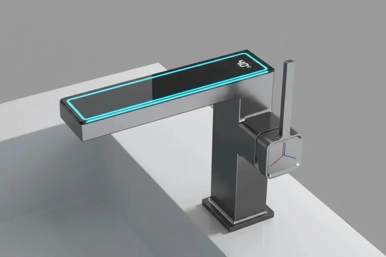 Digital display bathroom basin tap with single lever and LED temperature screen
