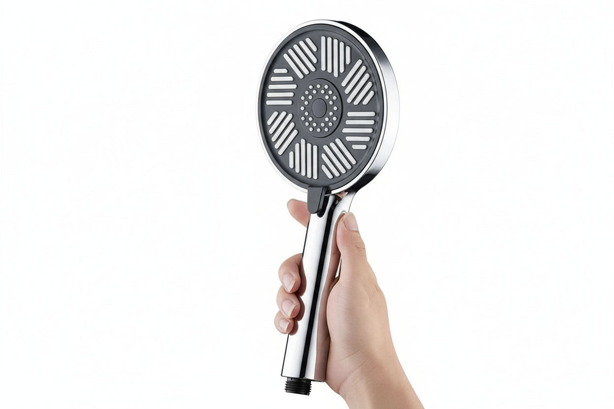 Silver round rainfall shower head with water-saving design and wide spray coverage
