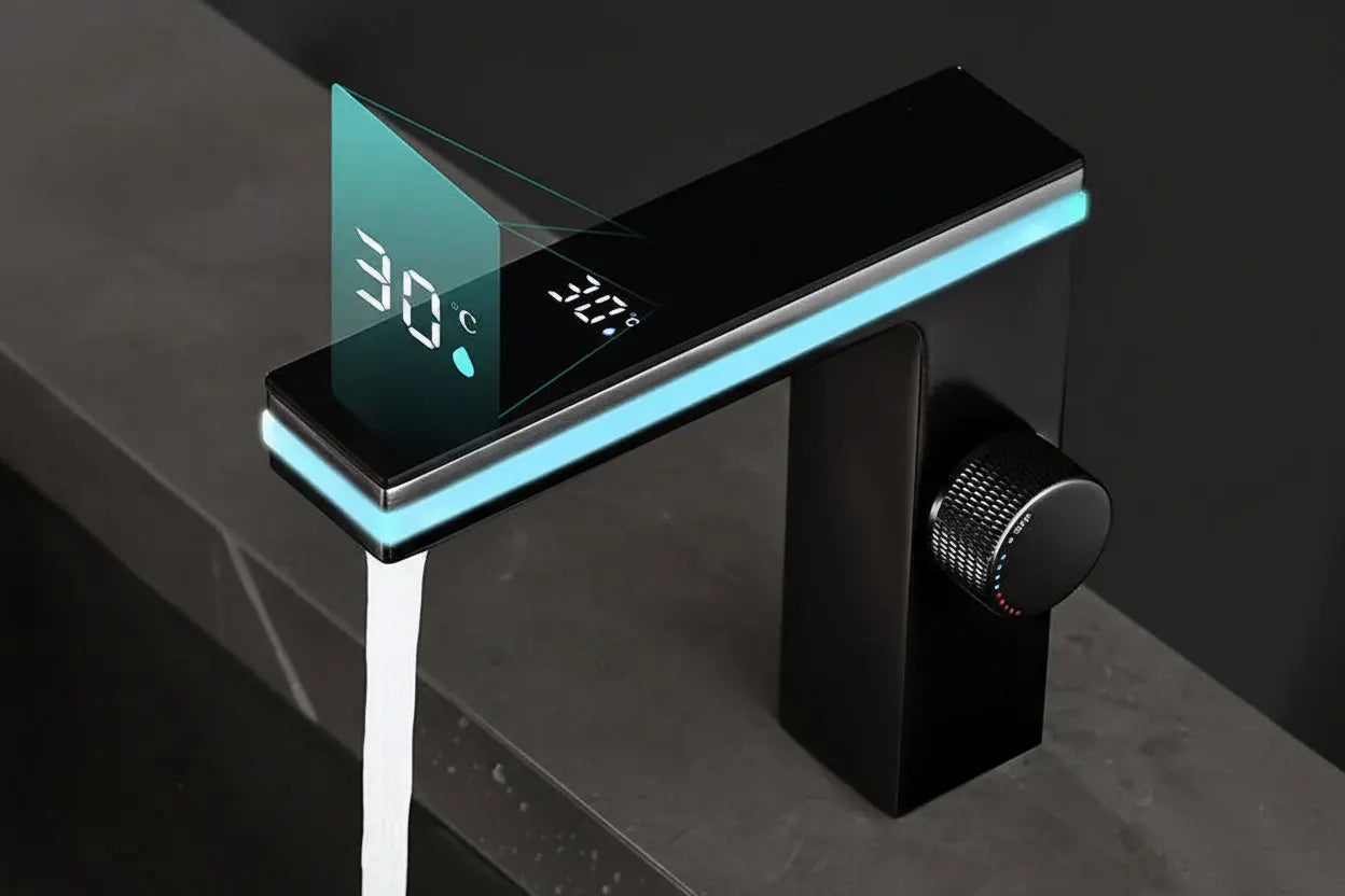 Touchless black basin tap with LED temperature indicator and modern square design