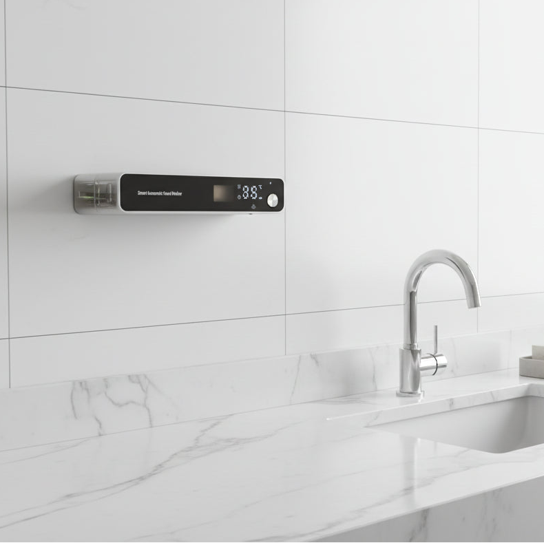 Wall mounted automatic foam soap dispenser installed in modern bathroom, touchless use