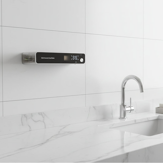 Wall mounted automatic foam soap dispenser installed in modern bathroom, touchless use