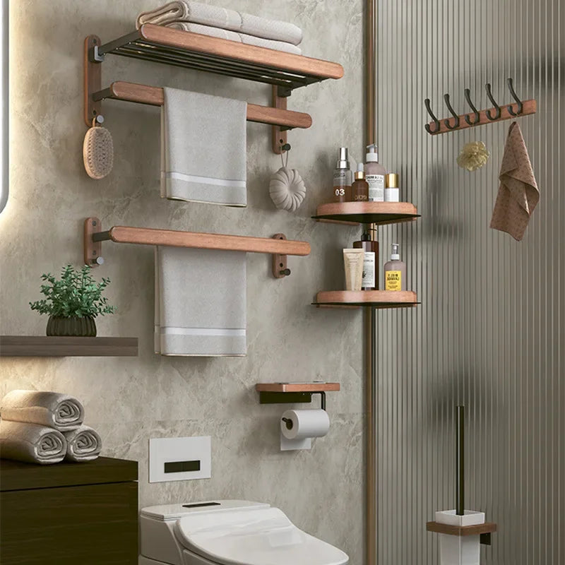 Complete walnut wood bathroom accessory set with towel racks, shelves and paper holder