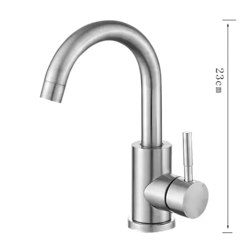 Stainless steel bathroom basin mixer tap with dimensions shown, single-handle modern faucet