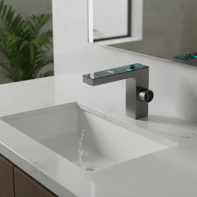 Deck-mounted sink mixer tap with digital temperature display installed on modern bathroom basin