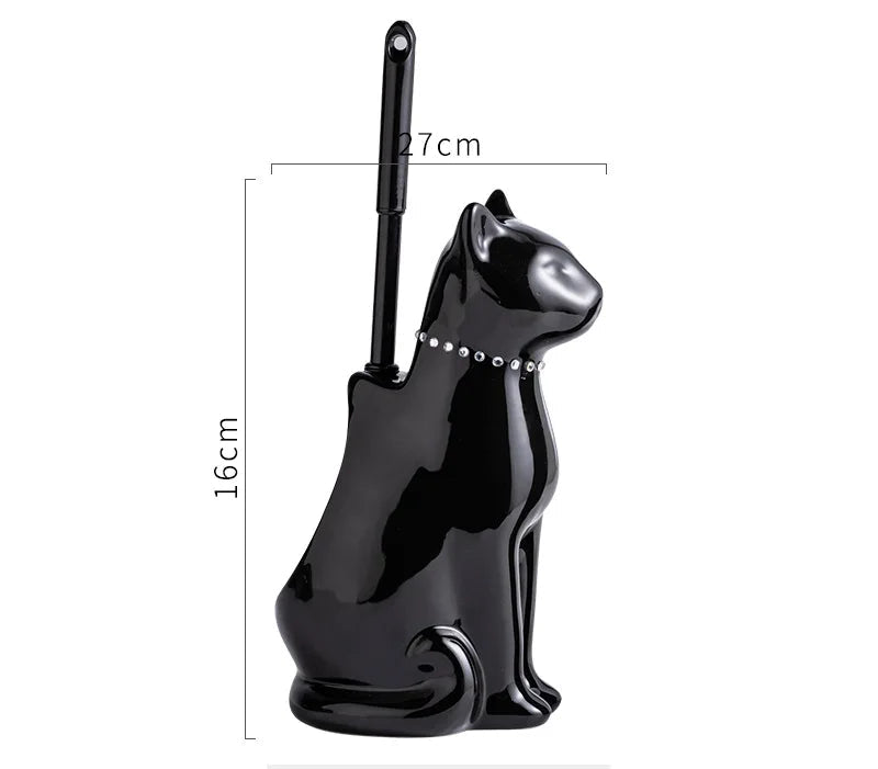 Black ceramic cat toilet brush holder with long handle, decorative bathroom accessory