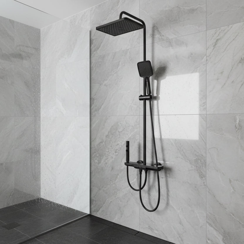 Modern wall-mounted shower system with digital display, LED lights and four water functions
