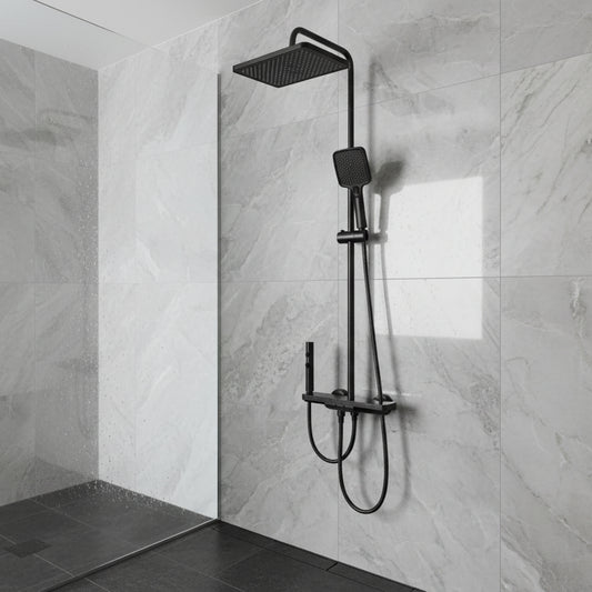 Modern wall-mounted shower system with digital display, LED lights and four water functions
